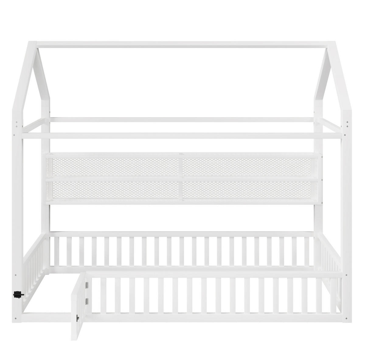 HAUSBETT 90/200 cm weiß aus Metall mit LED-Beleuchtung und Sicherheitszaun - Weiß, Metall (90/200cm) - OKWISH