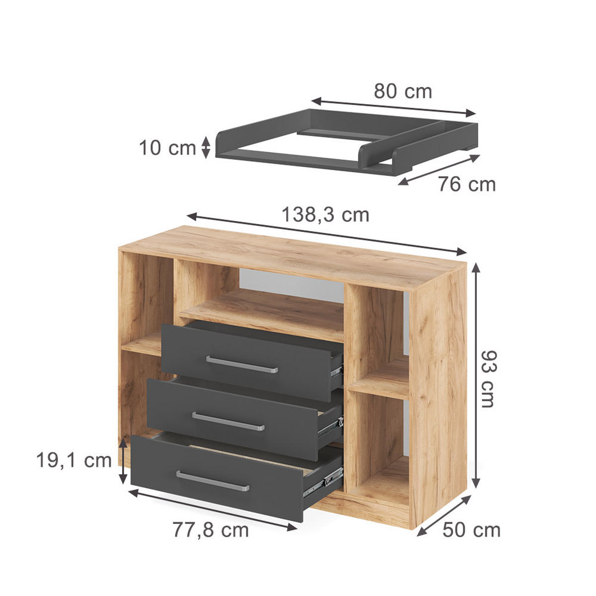 PREVIJALNA OMARA Olina, Zlati hrast z močjo/Antracit, 138.3 x 93 cm - medeni hrast/antracit, leseni material (138.3/93/50cm) - Vicco