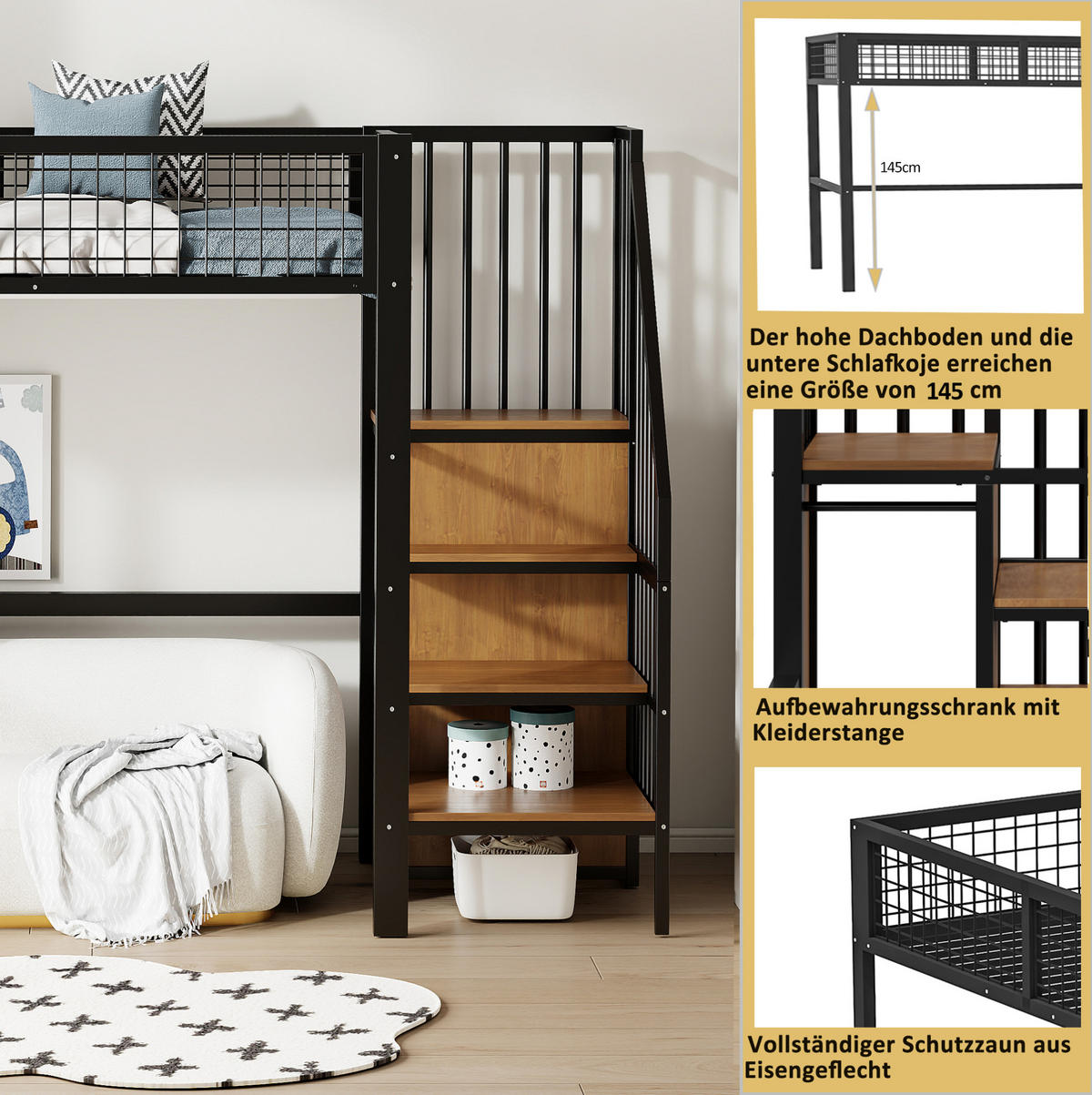 HOCHBETT 90/200 cm Schwarz aus Metall mit Leiter und Kleiderschrank - Schwarz, Metall (90/200cm) - OKMYHOME