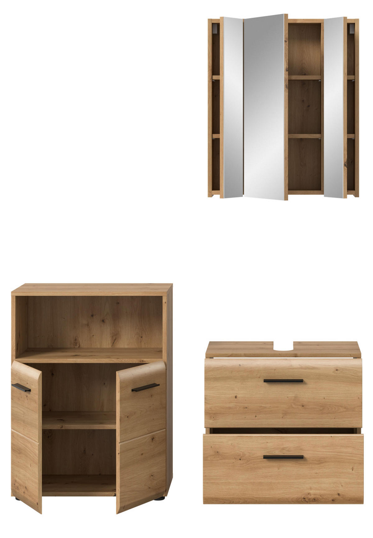 BADMÖBEL-SET 3-teilig in Eiche Artisan, Badkombination modern mit Vollauszug Schubkästen, Breite 135 cm - Schwarz/Eiche Artisan, Glas/Holzwerkstoff (135/185/30cm) - Inn.Furn