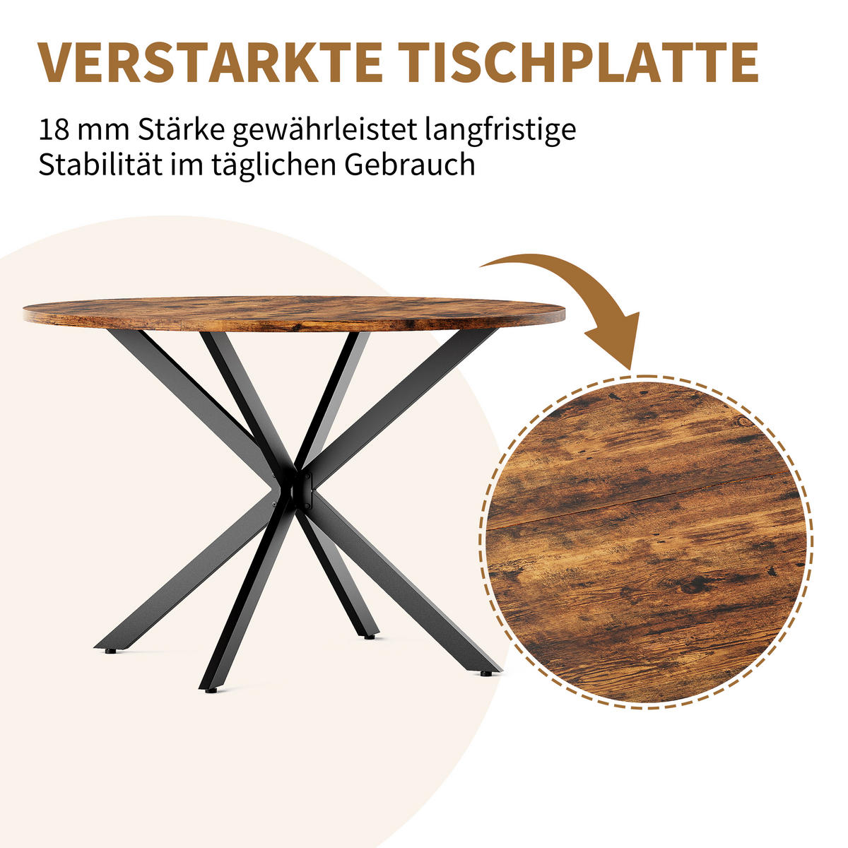 ESSTISCH Ø120/76 cm im Industrialstil DE-39993 Vintagebraun - Braun, Holzwerkstoff (120/120/78cm) - ComfortXL