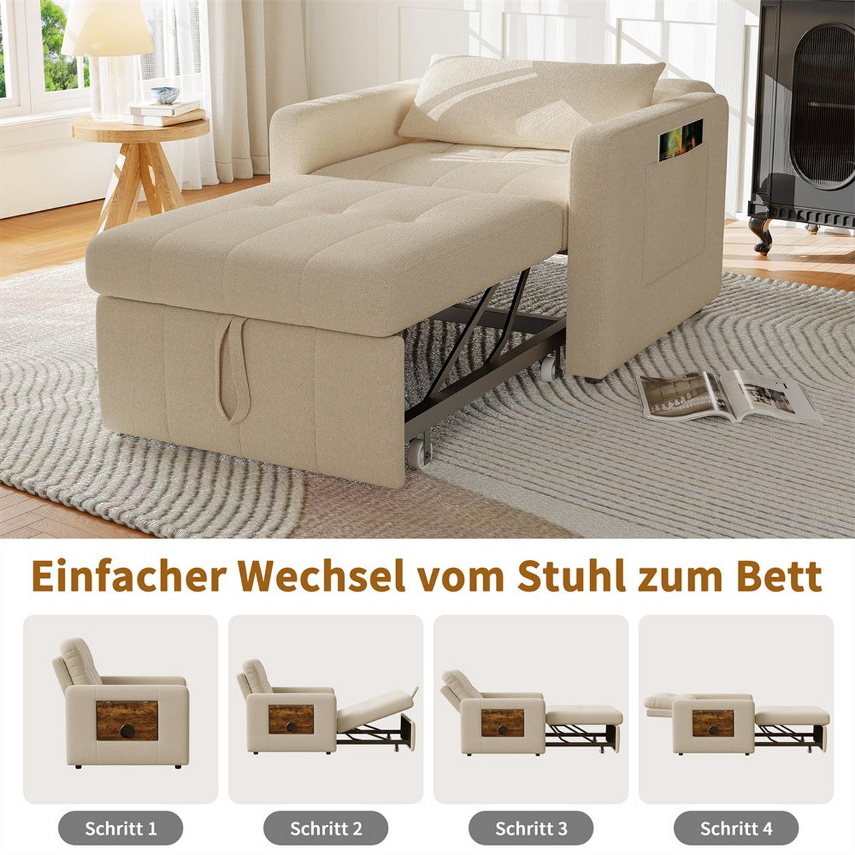 SCHLAFSESSEL mit klappbarem Ablagetisch und Seitentasche - Beige - Beige, Textil (85/86/108cm) - DELFA