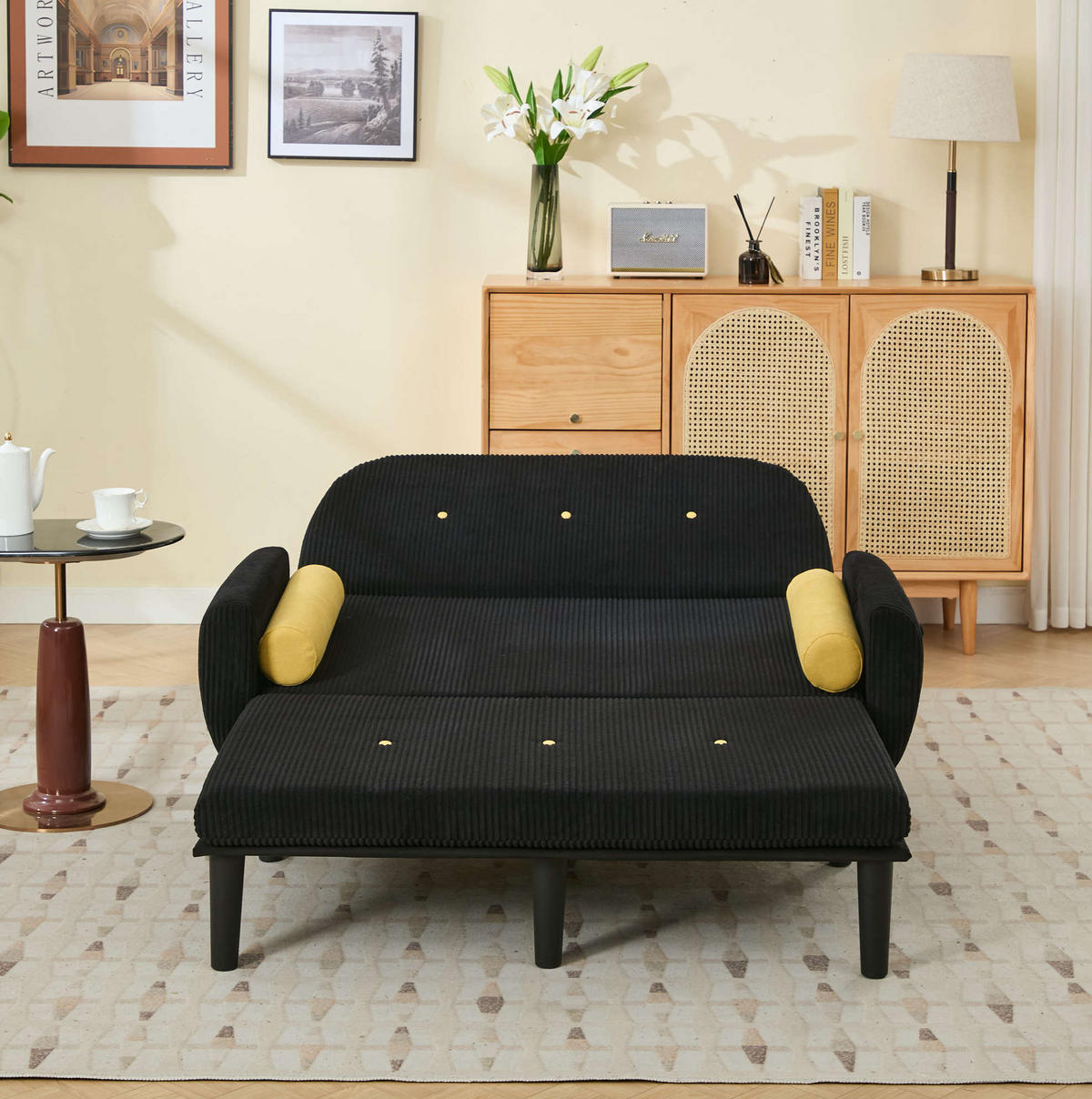 SOFA mit verstellbarer Rückenlehne Cord Schwarz inklusive 2 Kissen - Schwarz, Kunststoff (77/85/133.5cm) - Meubliv