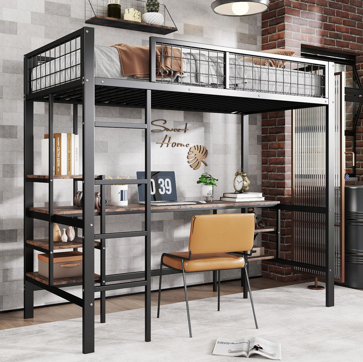 HOCHBETT 90/200 cm aus Metall mit Schreibtisch und Regal - Schwarz, Metall (90/200cm) - BEAOK