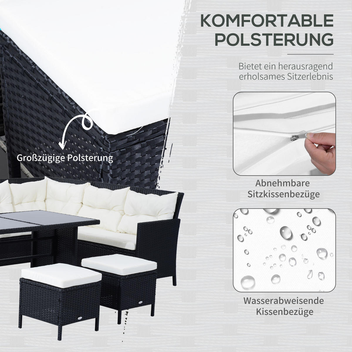 SITZGARNITUR Gartenmöbel Set Lounge, Polyrattan, Schwarz - Schwarz, Kunststoff - Outsunny