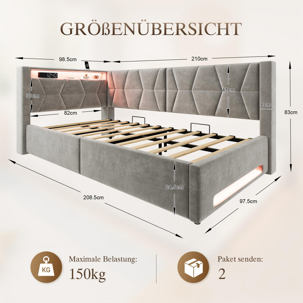 POLSTERBETT 90/200 cm in Dunkelgrau mit Stauraum, LED-Beleuchtung und USB - Dunkelgrau, Metall (90/200cm) - Flora Grace