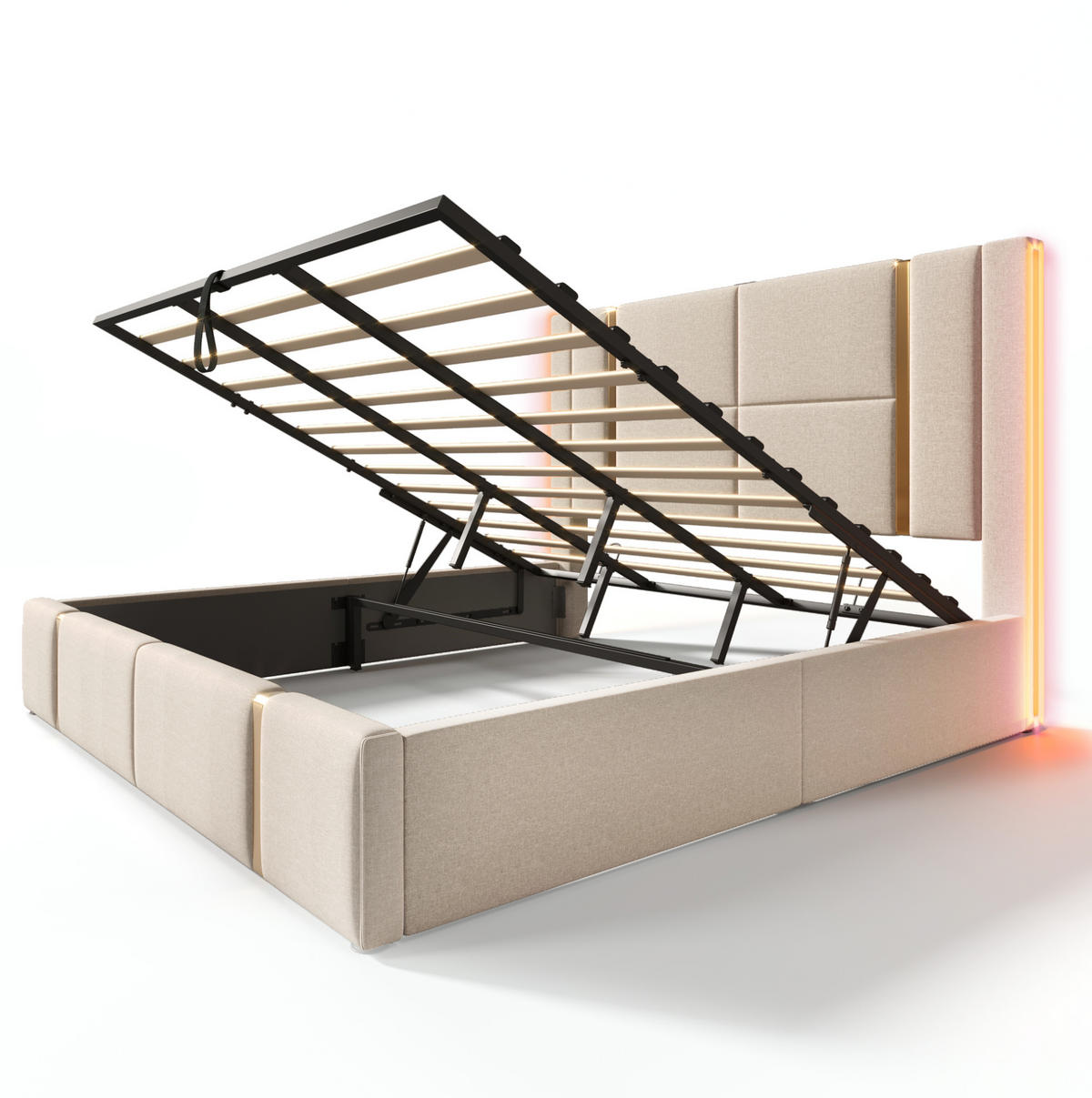 POLSTERBETT mit LED-Beleuchtung 180/200 cm mit Bettkasten und USB-C - Beige, Textil (180/200cm) - BEAOK