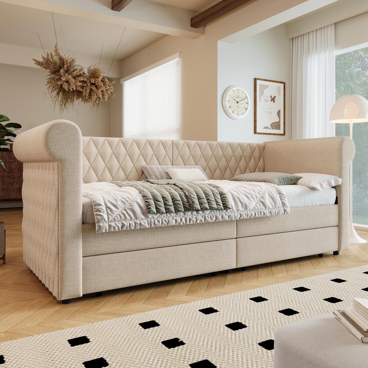 POLSTERBETT 90/200 cm aus Leinen mit 2 Schubladen, Beige - Beige, Textil (90/200cm) - Flora Grace