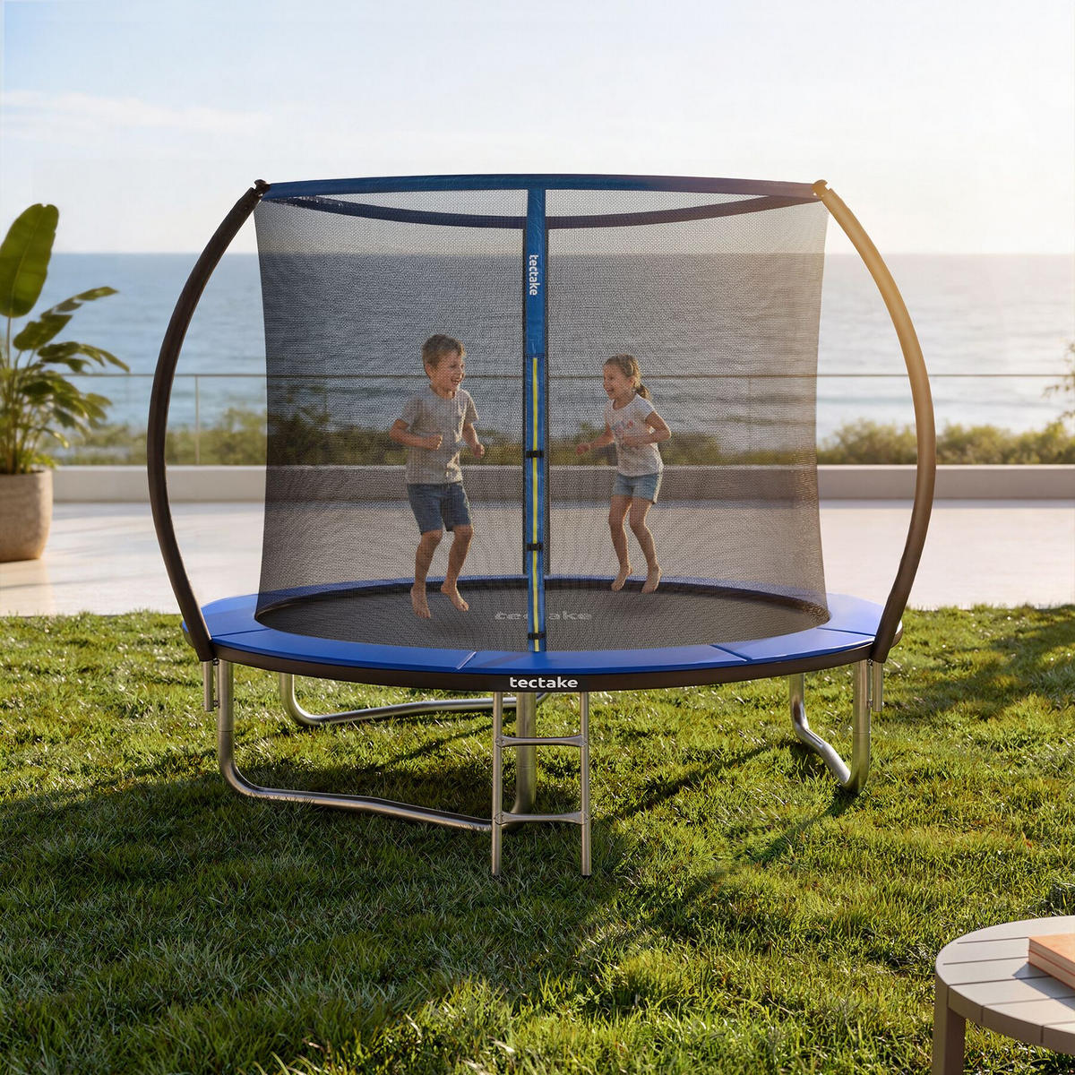 TRAMPOLIN Jumpy, inklusive Einstiegsleiter, schwarz/blau - Blau/Schwarz, Metall (260/250/260cm) - tectake