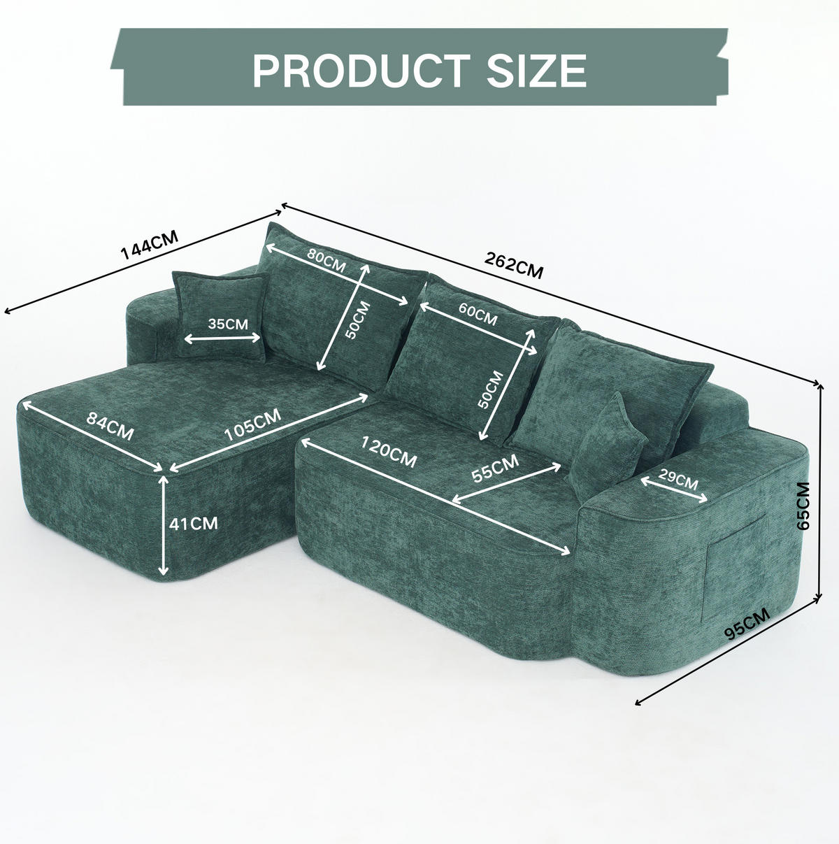 ECKSOFA aus Chenille 262 cm in Grün mit modularem System - Grün, Textil (144/65/262cm) - Modfu