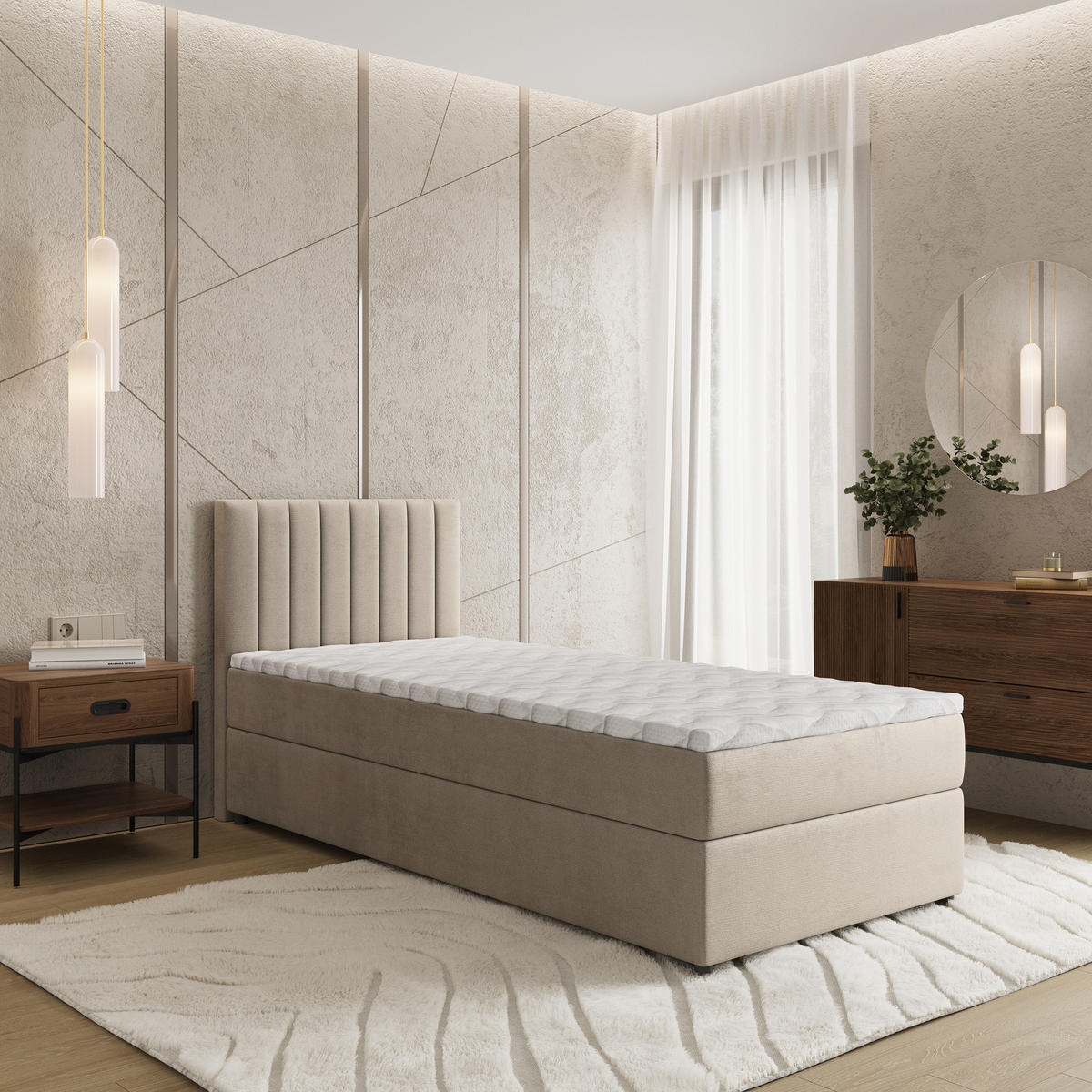 BOXBETT BRESEL 80 80x200 cm mit Matratze und Topper, H2+H3 - Beige - Beige, Holz (80/200cm) - MASSENO