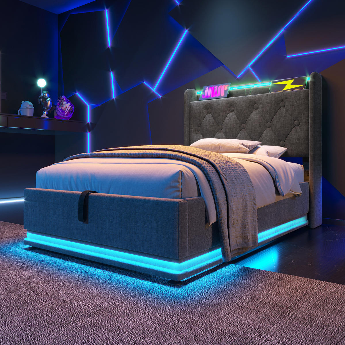 BETT mit LED und Stauraum 90x200 cm Leinen Grau - Grau, Metall (90/200cm) - Meubliv