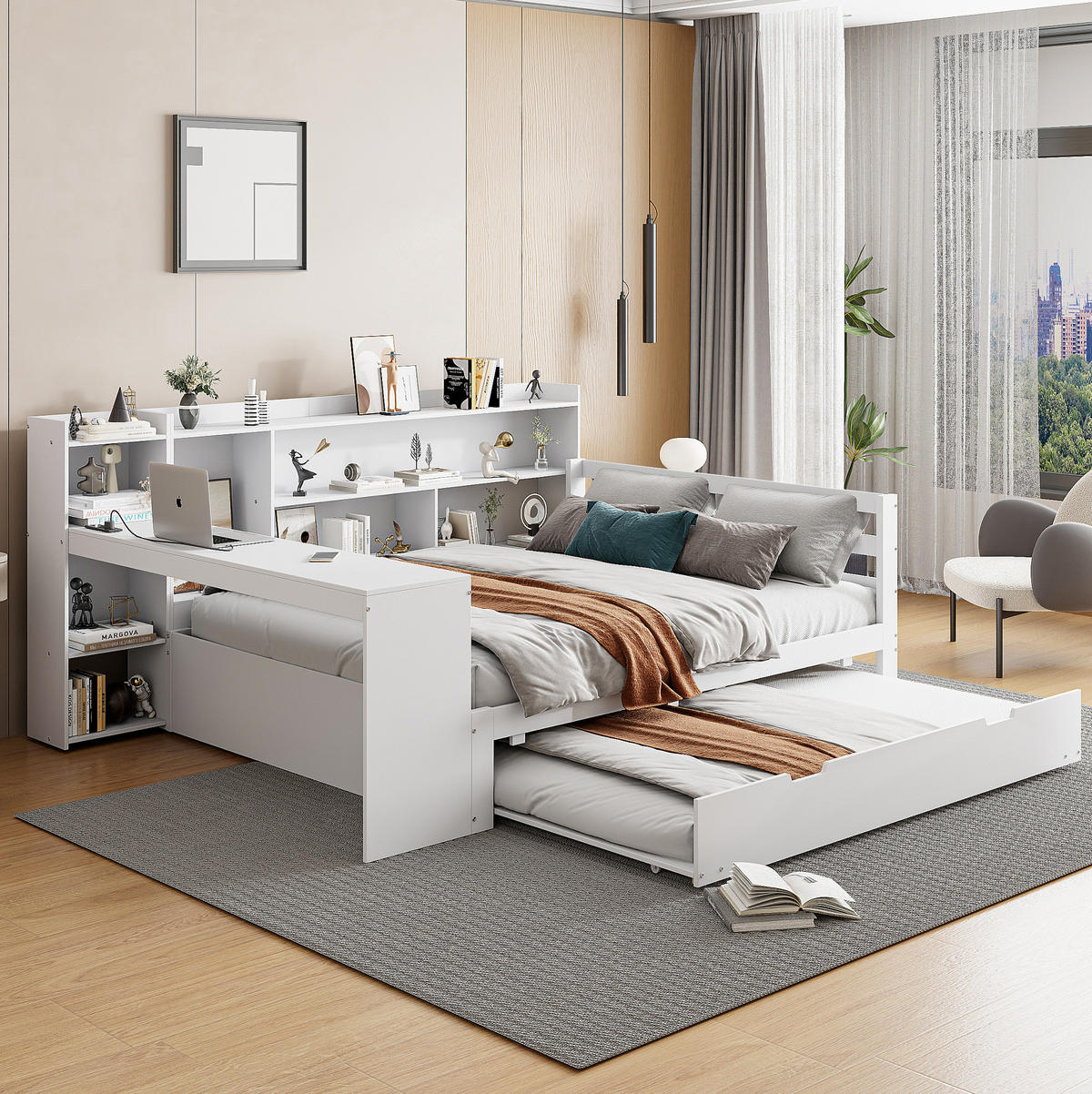 BETT Aus Massivholz mit ausziehbarem Bett und Schreibtisch Weiß 140/200 cm - Weiß, Holz (140/200cm) - OKWISH