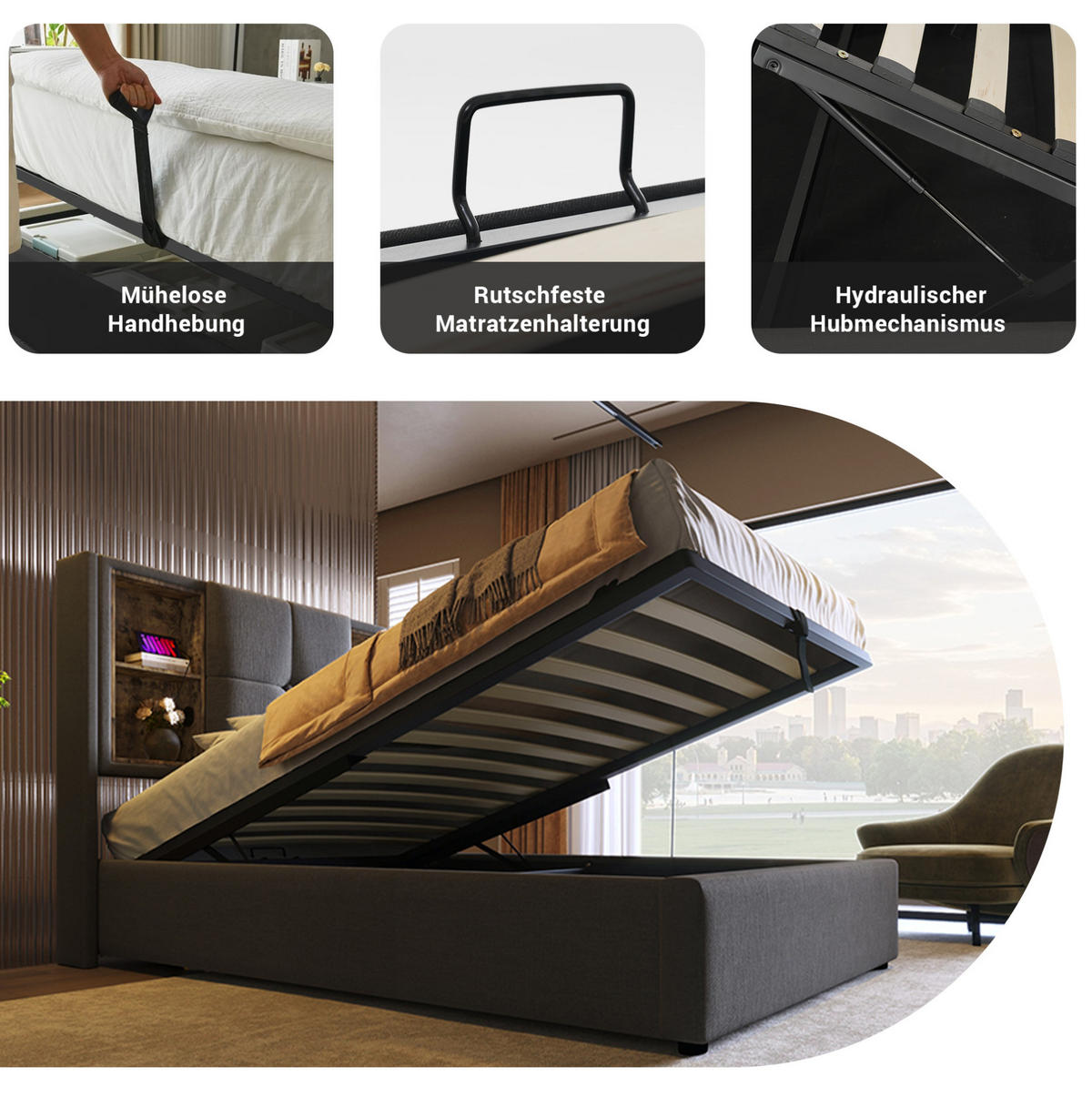 POLSTERBETT 90/200 cm mit Bettkasten, USB-C und gepolstertem Kopfteil - Grau, Textil (90/200cm) - BEAOK