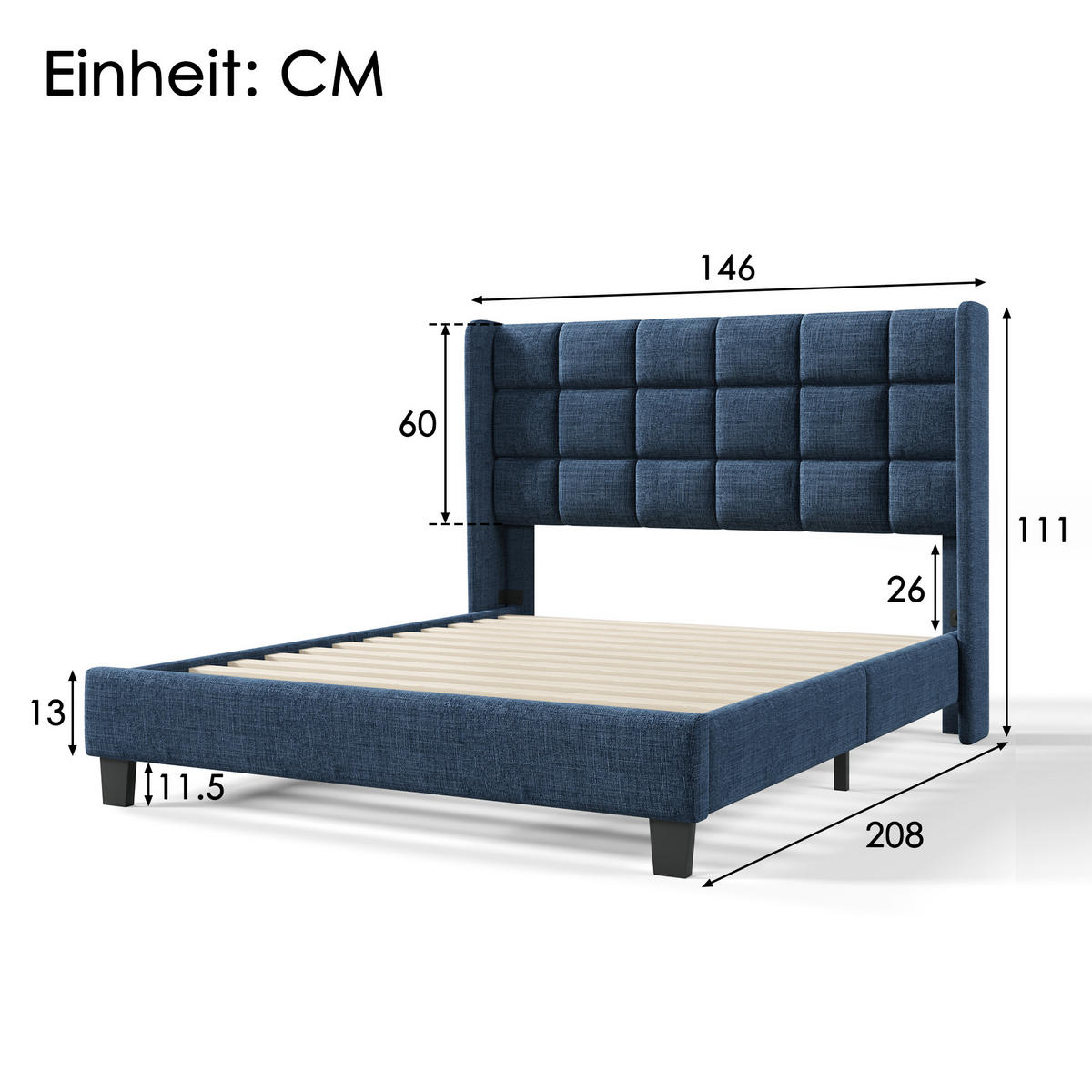 POLSTERBETT 140/200 cm blau mit gepolstertem Kopfteil und Lattenrost - Blau, Textil (140/200cm) - OKWISH