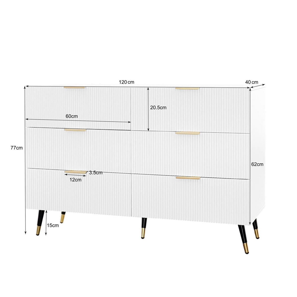 KOMMODE Weiß, 6 Schubladen, Goldgriffe, moderner Stil - Weiß, Holz (120/77/40cm)