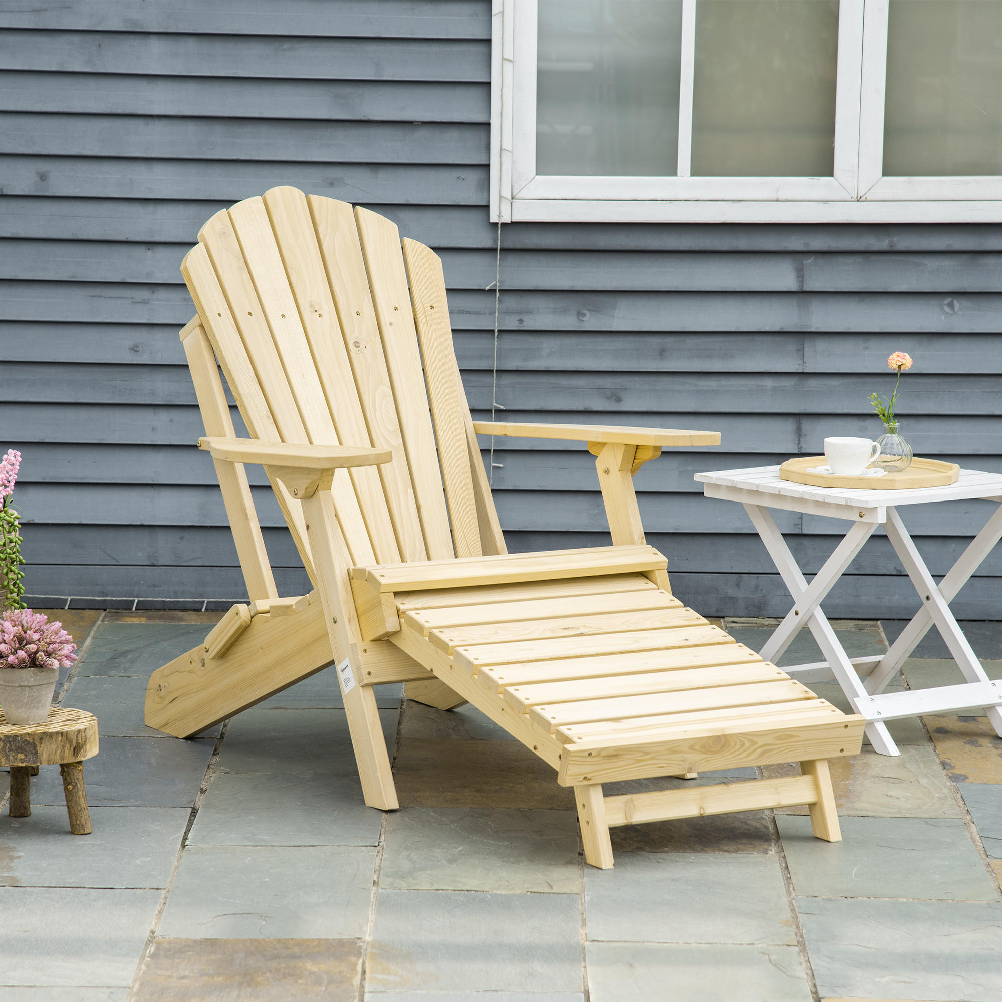 ADIRONDACK-GARTENSTUHL mit Fußstütze, klappbar Gartenliege, Outdoor, Gartenmöbel, Kiefernholz, Natur, 78 x 140 x 94 cm - Naturfarben, Holz (140/94/78cm) - Outsunny