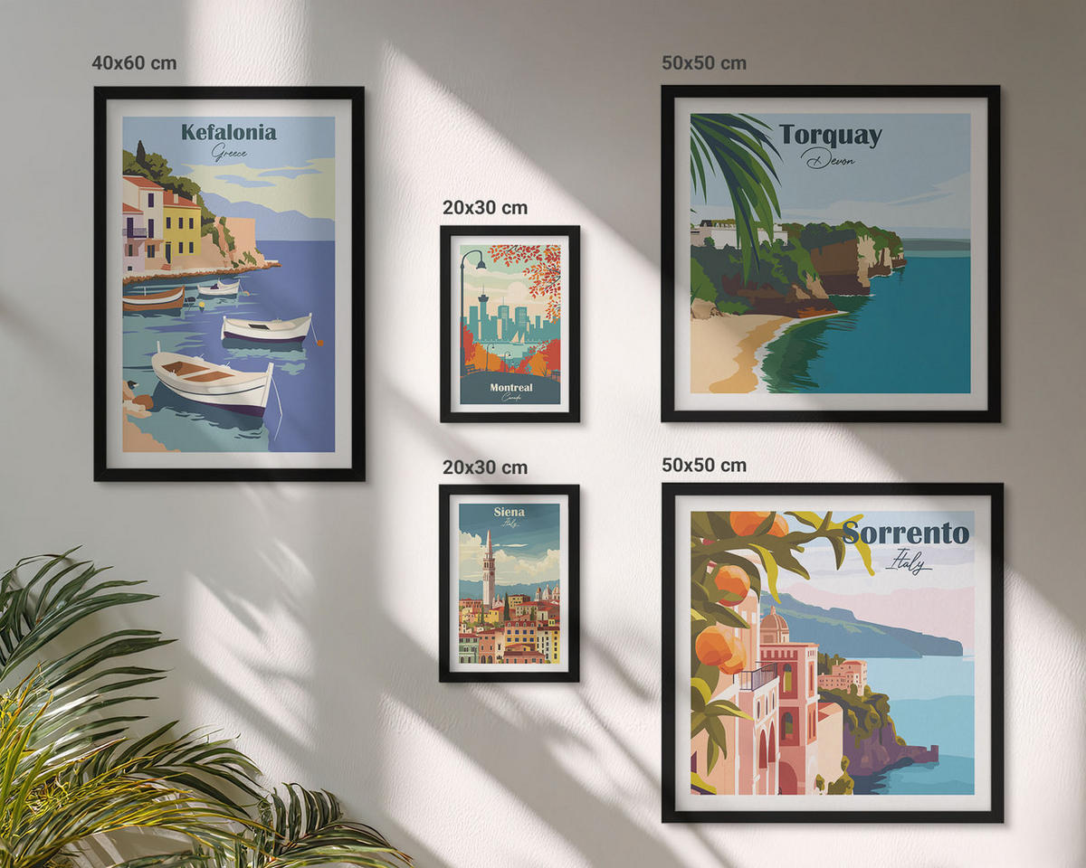 BILDER SET 5er Set - 50x50 cm & 20x30 cm & 40x60 cm Schwarzer Rahmen - Retro-Illustrationen berühmter Orte - Schwarz, Kunststoff (40/60cm) - TULUP