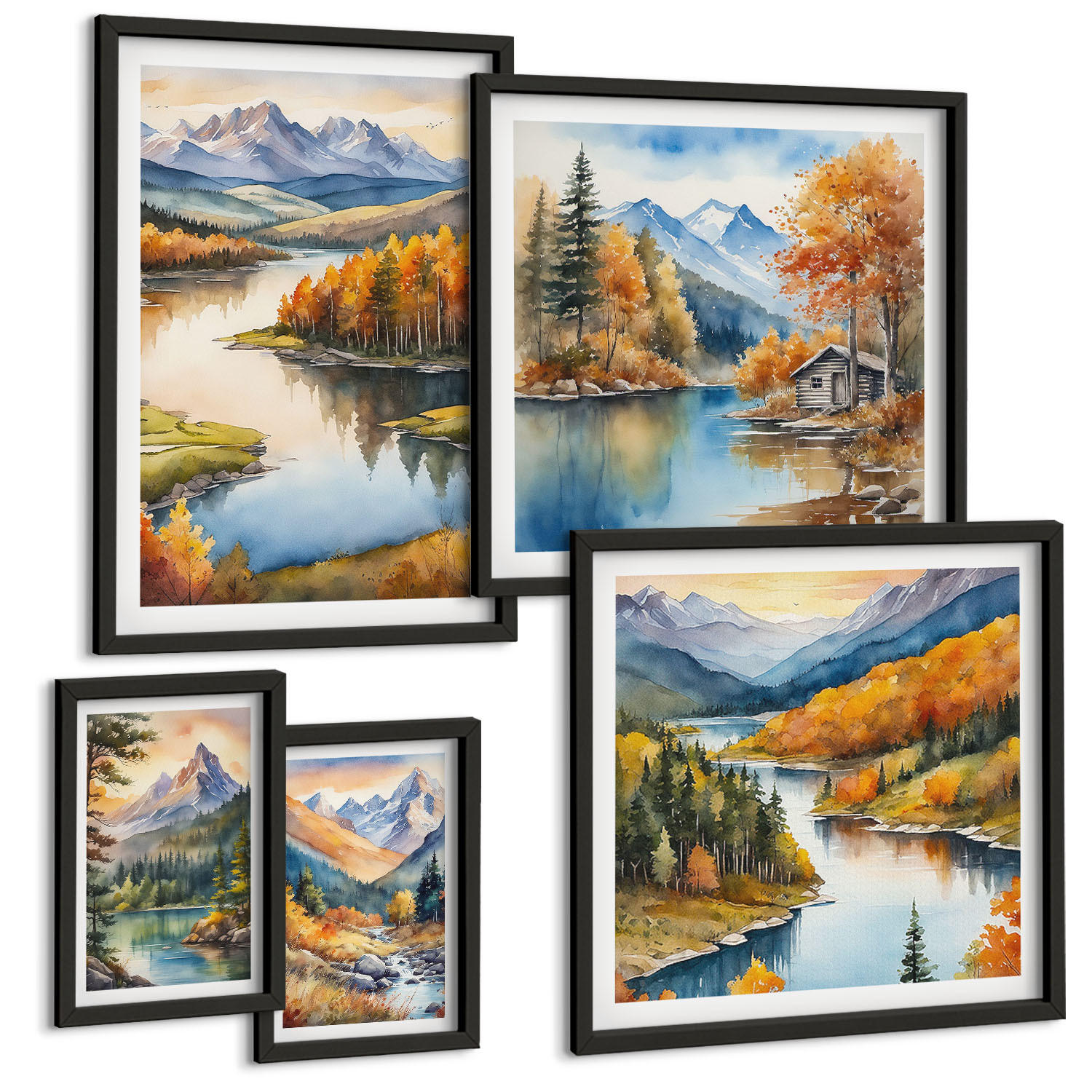 BILDER SET 5er Set - 50x50 cm & 20x30 cm & 40x60 cm Schwarzer Rahmen - Berglandschaft mit einem Fluss - Schwarz, Kunststoff (40/60cm) - TULUP