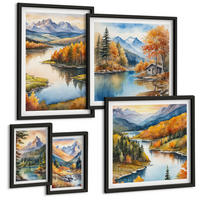 BILDER SET 5er Set - 50x50 cm & 20x30 cm & 40x60 cm Schwarzer Rahmen - Berglandschaft mit einem Fluss - Schwarz, Kunststoff (40/60cm) - TULUP