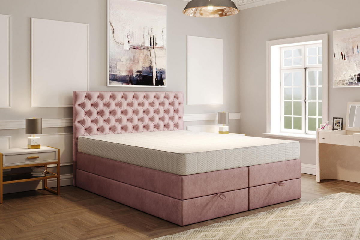 BOXSPRINGBETT 180 x 200 cm LUWR mit H3 Bonell, Bettkasten, Taschenmatratze, Chesterfield Kopfteil, Rosa - Rosa, Holz/Kunststoff (180/200cm) - Trada