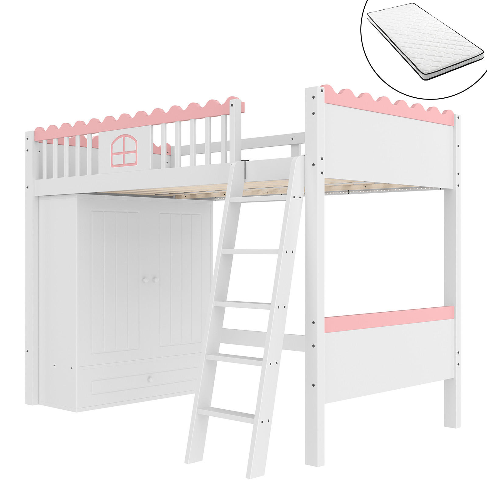 HOCHBETT 90/200 cm Weiß mit LED-Leuchten und Kleiderschrank mit Matratze - Weiß, Holzwerkstoff (90/200cm) - OKWISH