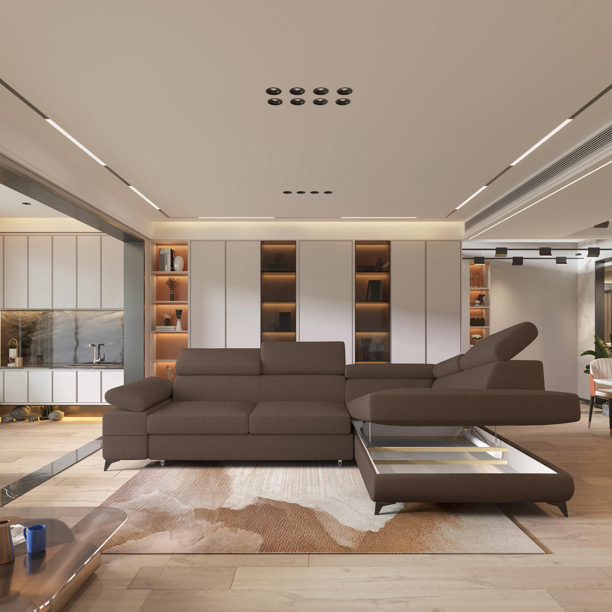 ECKSOFA FAVIEN R-S Braun Boucle-Stoff mit Schlaffunktion - Braun, Holz (257/190cm) - MASSENO