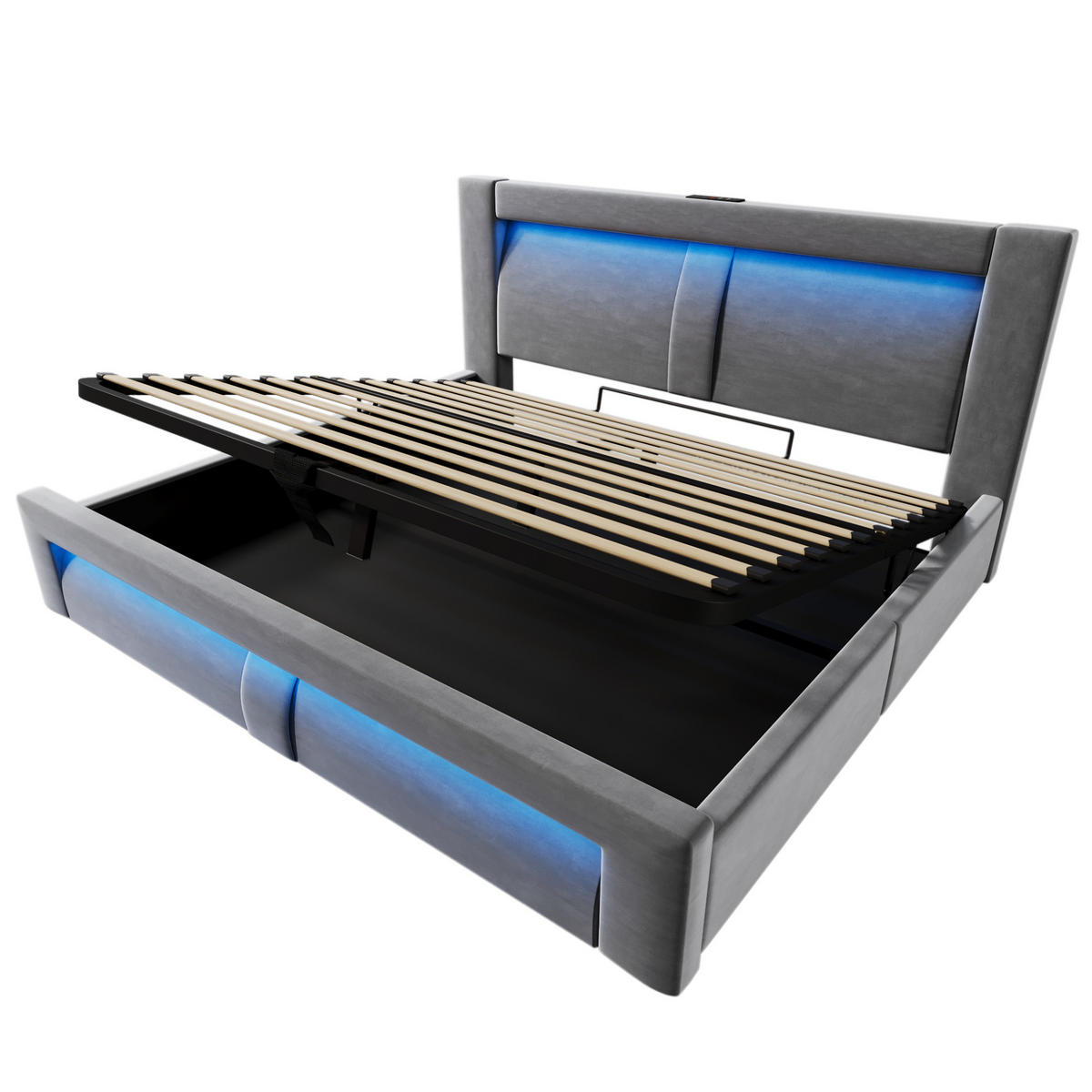 SAMT-POLSTERBETT 160/200 cm mit Bettkasten, LED-Beleuchtung und gepolstertem Kopfteil - Grau, Textil (160/200cm) - BEAOK