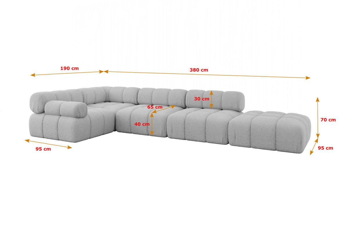 ECKSOFA modulares Sofa Felto-L2 - 380x190x70 cm Hellgrau Bouclé - Hellgrau, Holzwerkstoff/Textil (380/190cm) - ALTDECOR