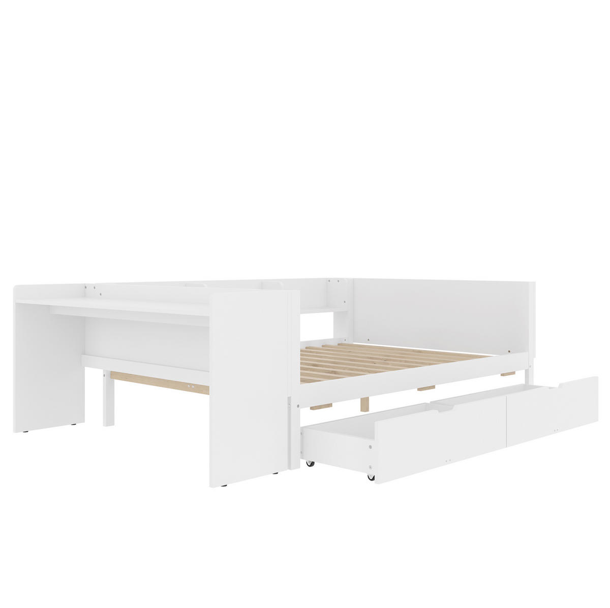 KINDERBETT aus Kiefer und Spanplatte 140x200 cm Weiß mit Schreibtisch, 2 Schubladen und 3 Regalen - Weiß, Holzwerkstoff (140/200cm) - Modfu