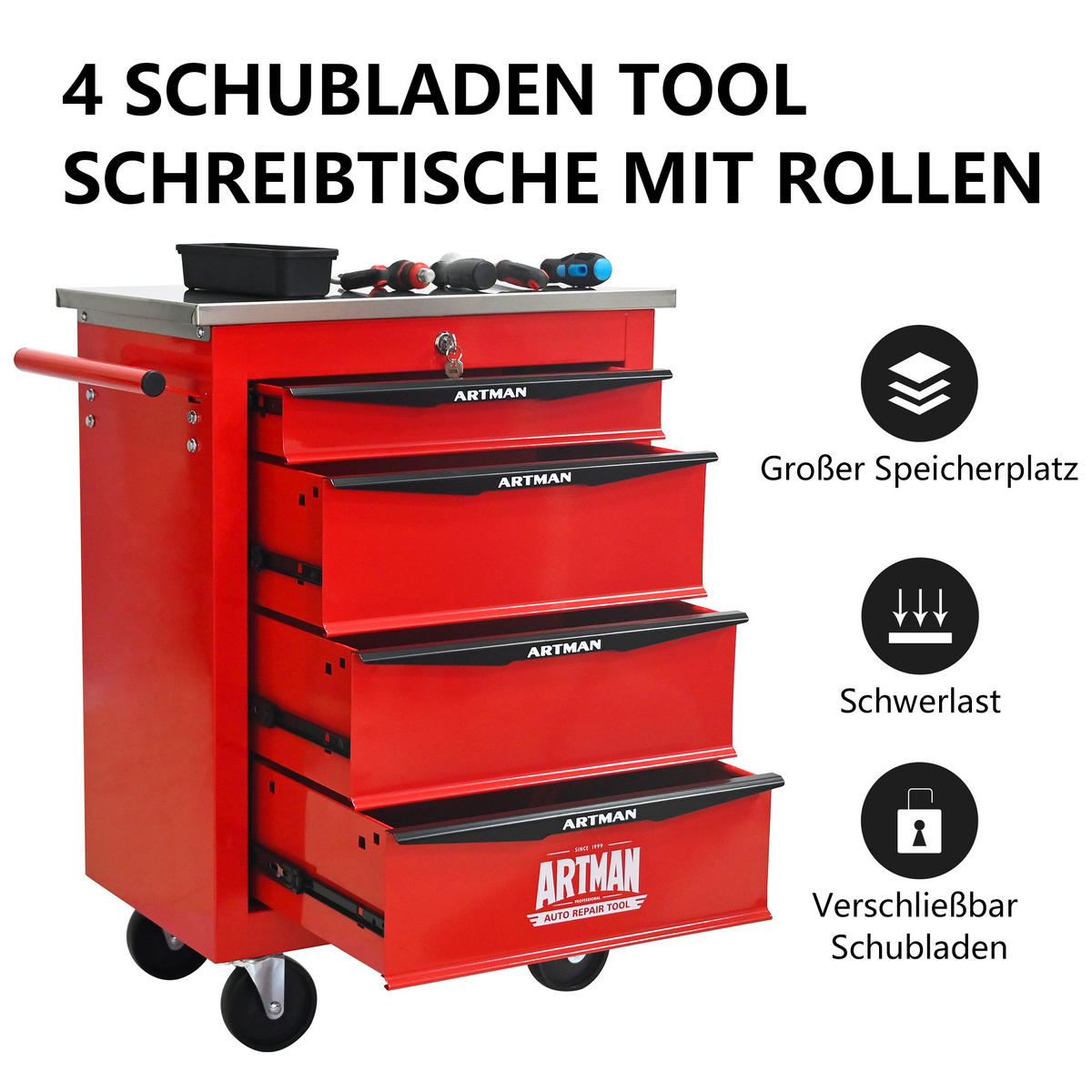 KOMBINATIONSKOFFER – 4 Schubladen, rot - Multicolor, Metall (34.5/78/62.5cm) - DCA