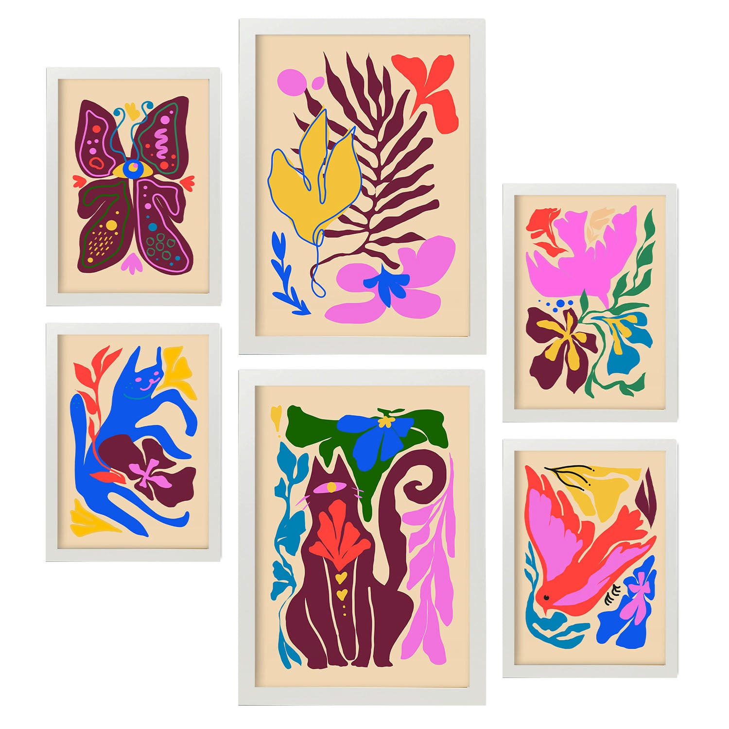 POSTER Set Mit 6 Malerisch 1 In Tiere Abstracts Ästhetische Dekorative Gemälde Für Ihr Wohnzimmer, Schlafzimmer, Zuhause A3 & A4 Weißer Rahmen - Weiß, Papier (29/3cm) - Nacnic