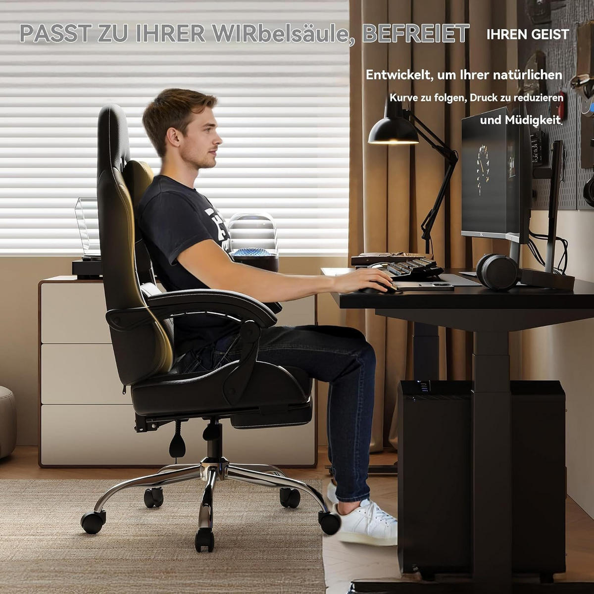GAMING Stuhl PU-Leder Ideal Für Büro, Home, Streaming und Lange Gaming - Schwarz, Leder (65/123/70cm)