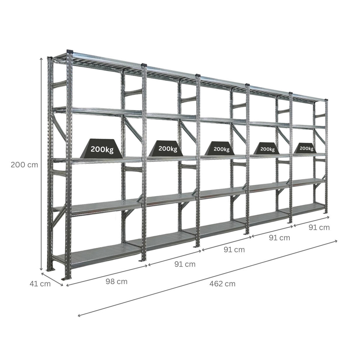 FACHBODENREGAL PROXIMO 200x450x40cm 5 Ebenen Beidseitig nutzbar Verzinkt - Silberfarben, Metall (450/200/40cm) - PROREGAL