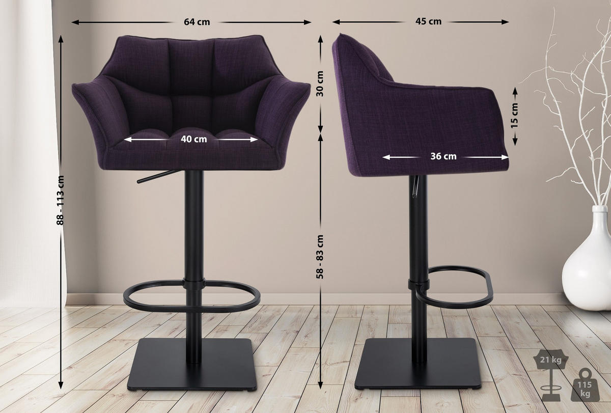BARHOCKER 2er Set Stoff Lila - Lila/Schwarz, Textil/Metall (64/88/45cm) - CLP