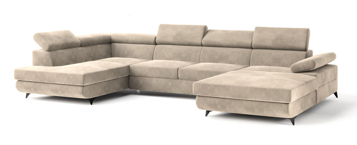 WOHNLANDSCHAFT RUBANO L-S Creme Velours-Stoff mit Schlaffunktion - Creme, Holz (339/89/190cm) - MASSENO