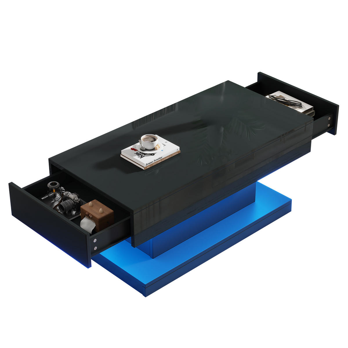 COUCHTISCH 100/50/45 cm Schwarz mit 2 Schubladen und LED-Beleuchtung - Schwarz, Holzwerkstoff (100/50/45cm) - OKWISH