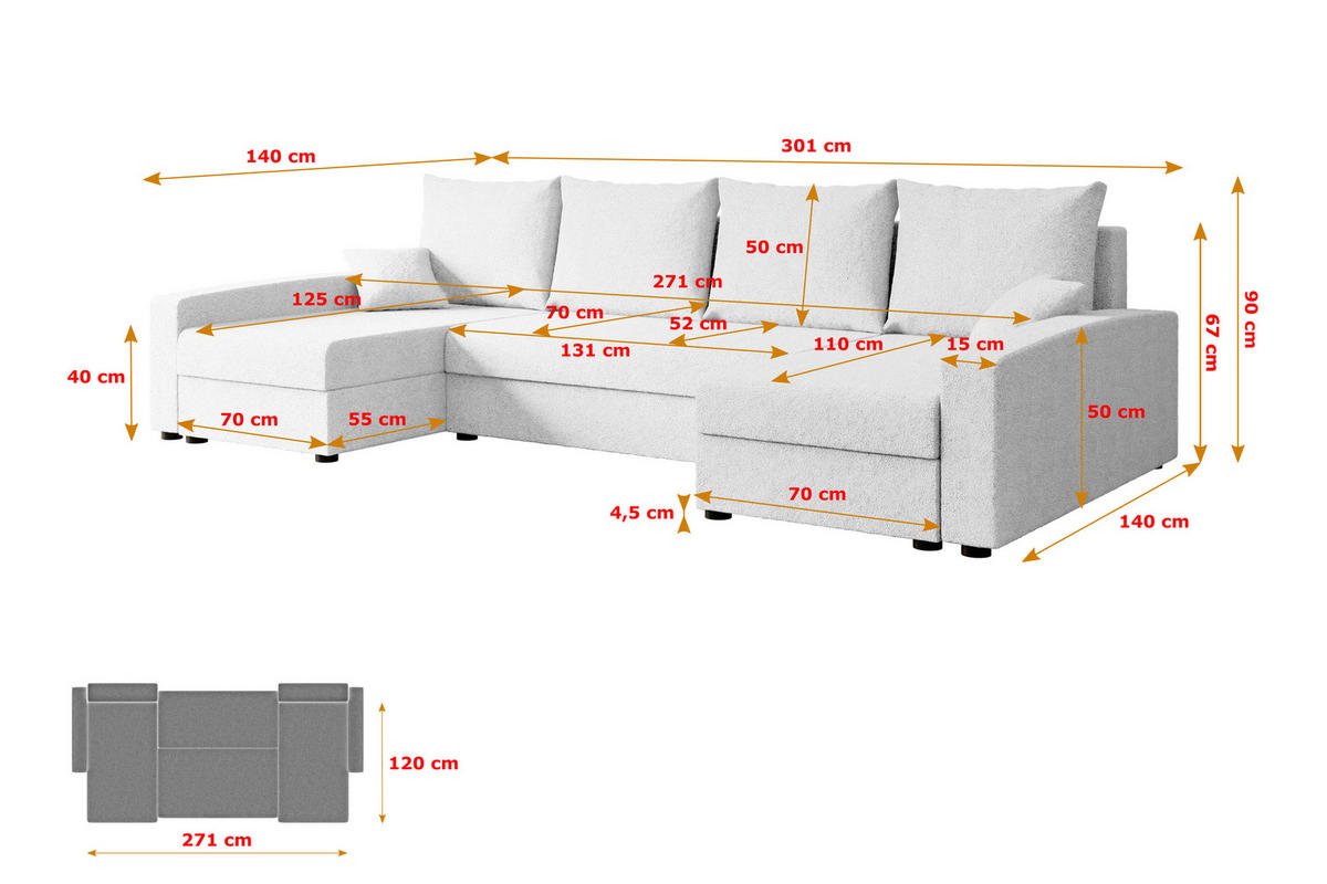 WOHNLANDSCHAFT mit Schlaffunktion und Bettkasten ALESIA-U 301x140x90 cm Weiß Bouclé - Silberfarben/Weiß, Holzwerkstoff/Kunststoff (301/90/140cm) - ALTDECOR
