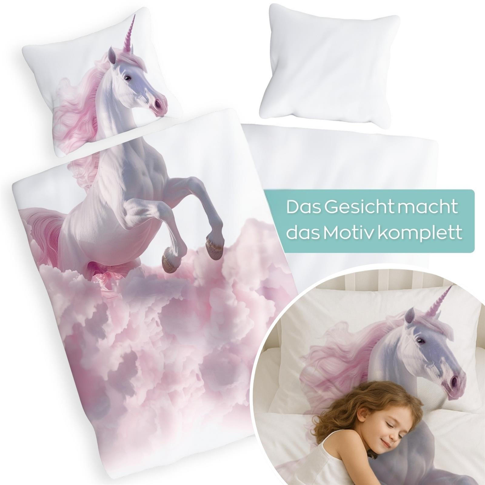 KINDERBETTWÄSCHE 135x200 Einhorn aus 100% Baumwolle - Dein Gesicht vervollständigt das Design der Kinder Bettwäsche - Weiß, Textil (135/200cm) - Carpe Sonno