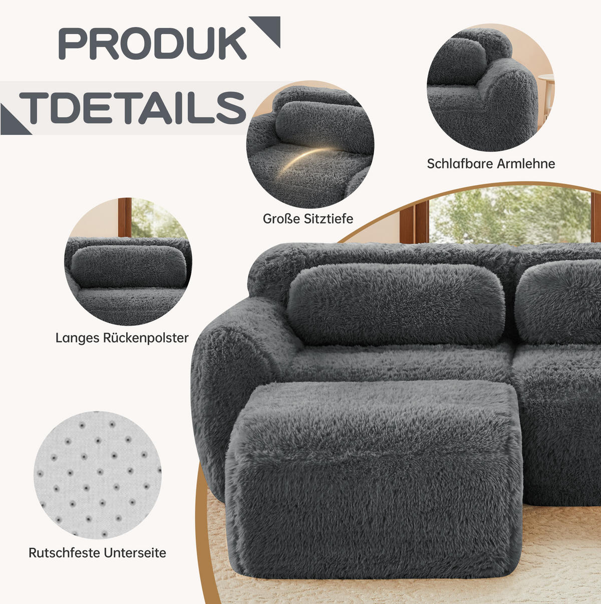 4-SITZER Sofa aus Plüsch mit modularem bonelosem Design Grau - Grau, Textil (104/73/378cm) - Modenvie