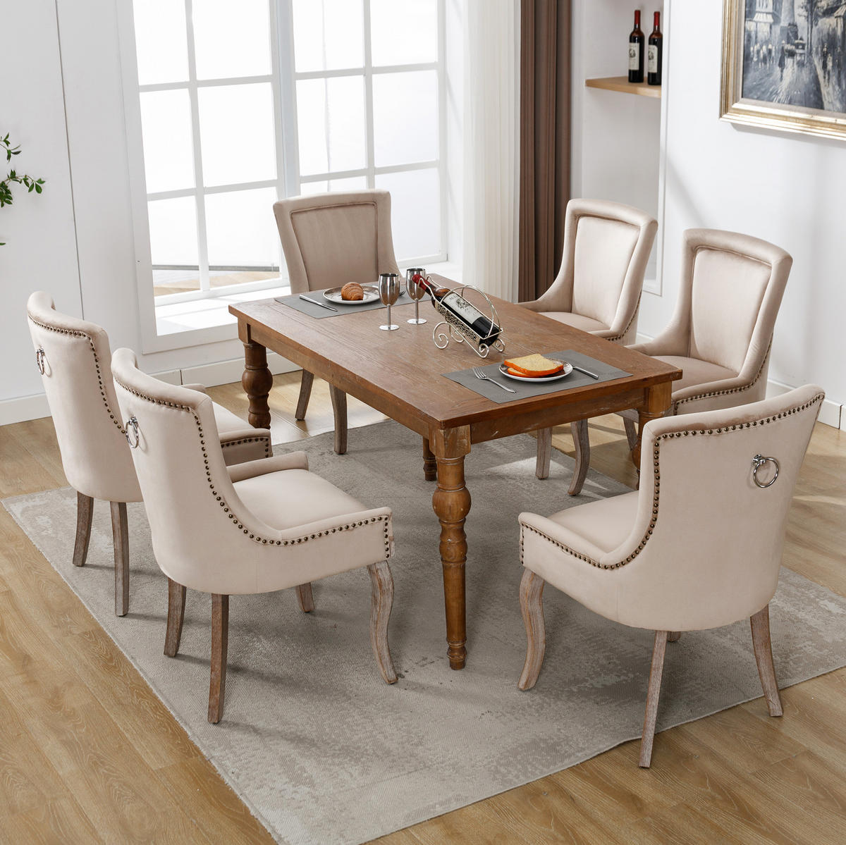 ESSZIMMERSTUHL gepolstert Samt Beige Massivholzrahmen 6er-Set - Beige, Holz (61/91/55.2cm) - Meubliv