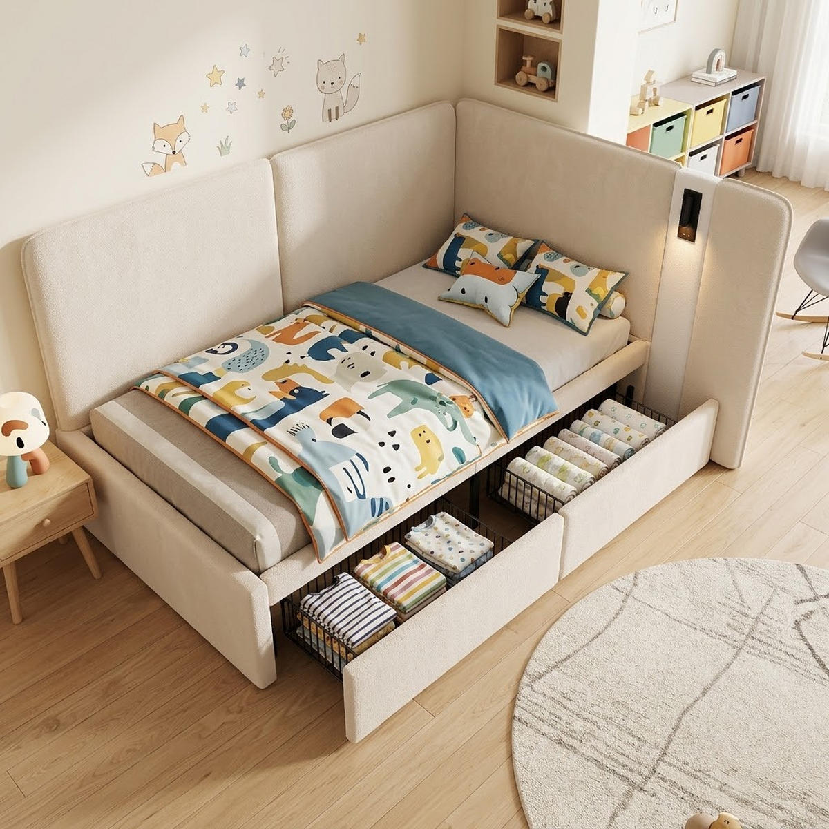 POLSTERBETT 90/200 cm in Beige Samt mit 2 Schubladen, USB, Type-C und Leselampe - Beige, Holzwerkstoff/Textil (90/200cm) - STILVORA