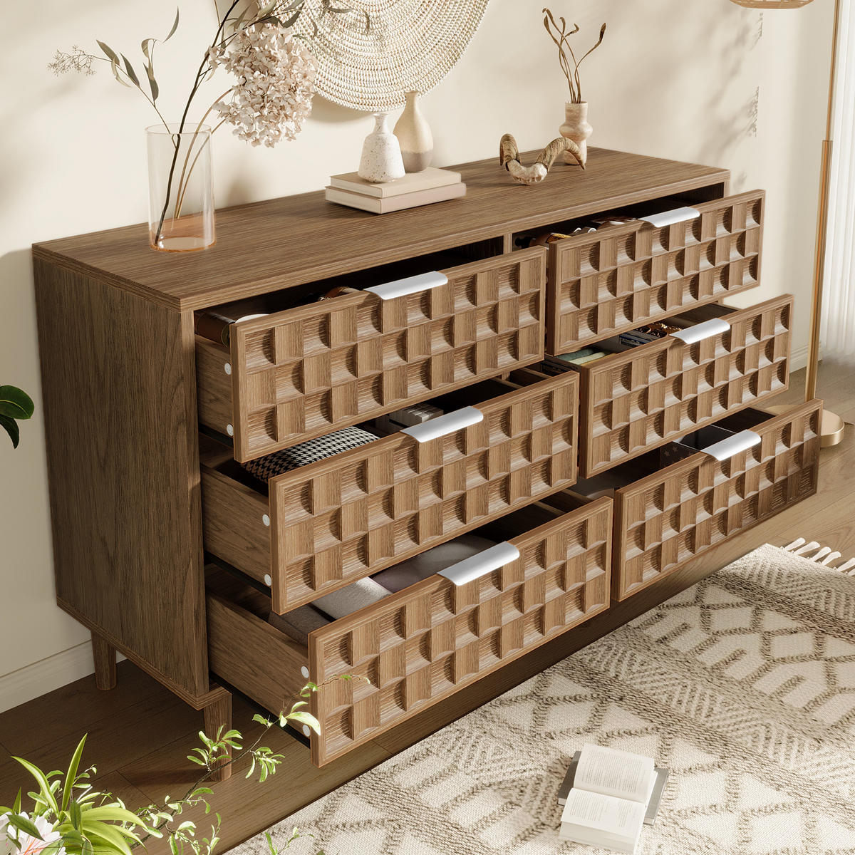 SIDEBOARD 120/37/77 cm mit 6 Schubladen, Waffelstruktur und Metallgriffen in Walnussfarben - Walnussfarben, Holzwerkstoff (120/91/40cm) - CHICFURN