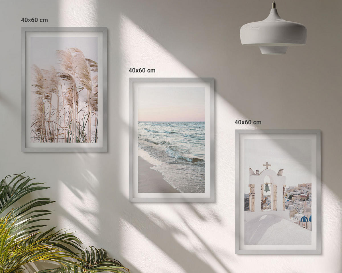 WANDBILDER 3er Set - 40x60 cm Silberner Rahmen - Pflanzen, Meereswellen, Aussicht, Häuser - Silberfarben, Kunststoff (40/60cm) - ArtPrintCave