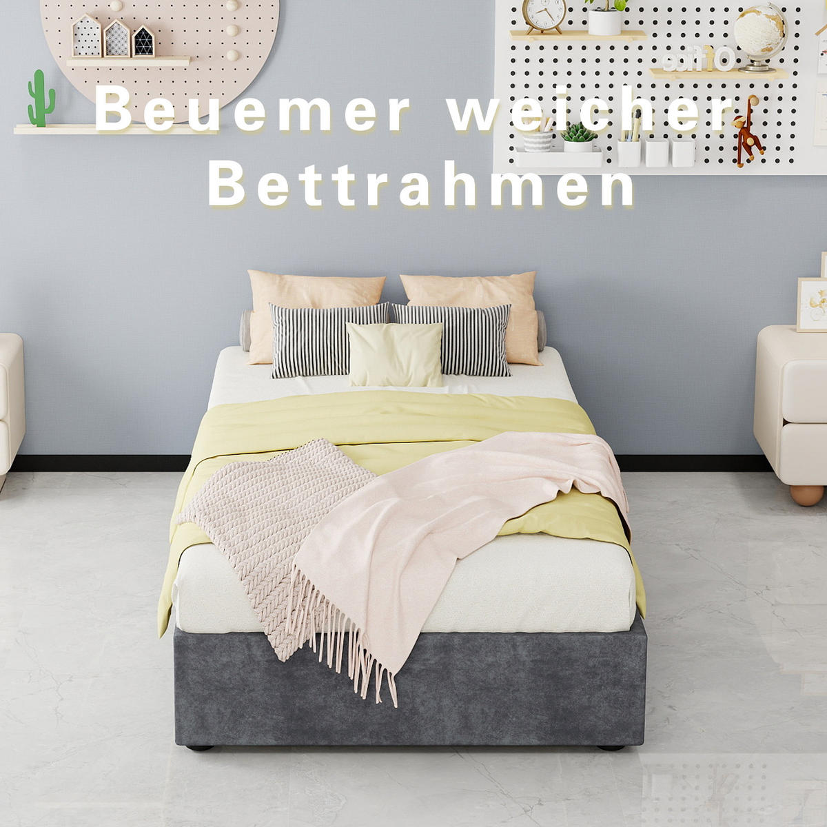 KINDERBETT 90/200 cm in Grau mit Bettkasten, Cartoon-Kopfteil und Stoff - Grau, Holzwerkstoff/Textil (90/200cm) - STILVORA