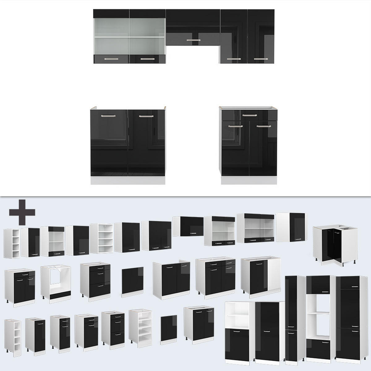 KÜCHENZEILE R-Line Schwarz Hochglanz/Weiß 200 cm, AP Eiche - Schwarz Hochglanz/Weiß, Holzwerkstoff (200/81.6/60cm) - Vicco