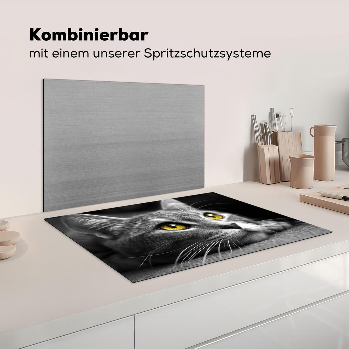 HERDABDECKPLATTE Katze - Grau - Tiere - Katze 75x52 cm - Grau, Kunststoff (75/52/0.2cm) - MuchoWow