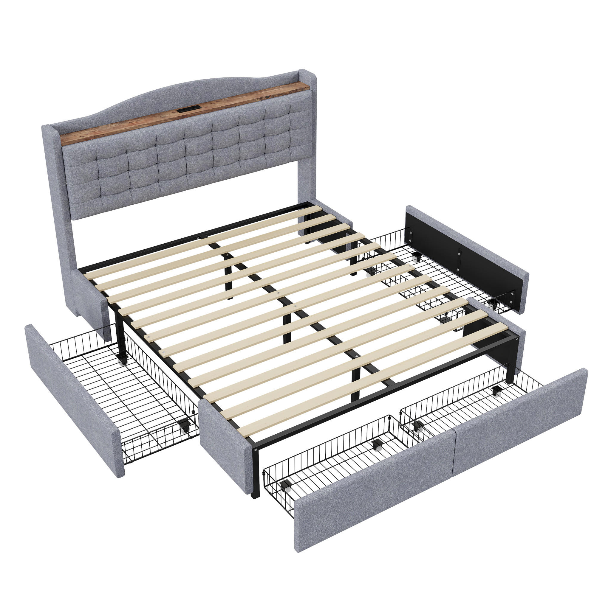 POLSTERBETT 140/200 cm mit USB-Ladeanschluss, Ablage und 4 Schubladen, grauer Leinenstoff - Grau, Textil (140/200cm) - Redom