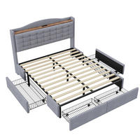 POLSTERBETT 140/200 cm mit USB-Ladeanschluss, Ablage und 4 Schubladen, grauer Leinenstoff - Grau, Textil (140/200cm) - Redom