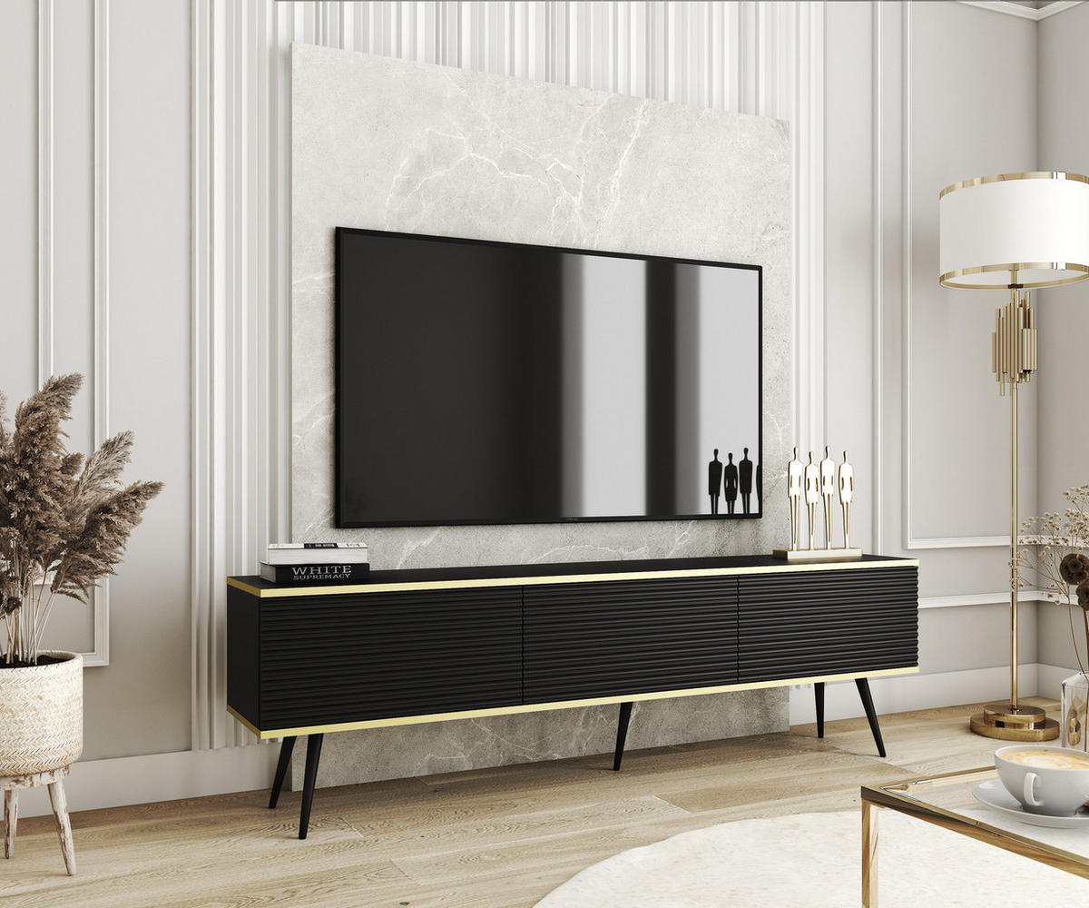 TV-BOARD FORNO (Schwarz, Rillenfront, Goldene Details, 3 Klapptüren, schwarze Metallfüße, 175 cm) - Schwarz, Holz/Holzwerkstoff (175/53/32cm) - Ravio